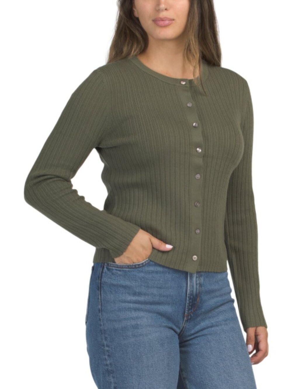 RACHEL ZOE Extrafine Merino Wool Crew Neck Slim Fit Cardigan